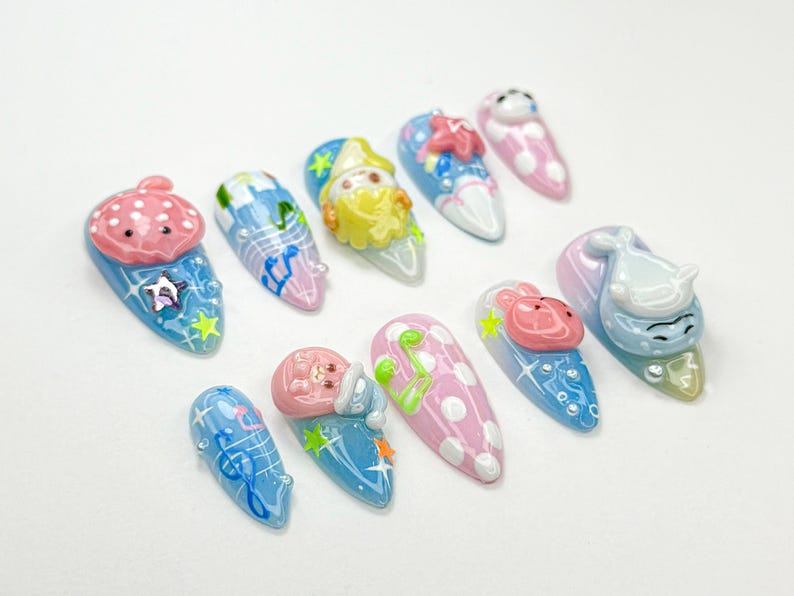 Kawaii 夏 ネイルチップ｜3D パステル Marine Animals｜Kawaii シー ネイルアート｜Cartoon Seal Whale Jellyfish ネイル｜夏 ネイル｜JB890HC
