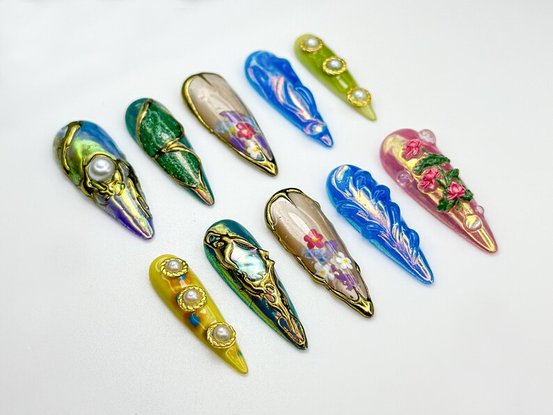 フラワー クローム ネイルチップ｜Mixed パール 3D Art ネイル｜Sculpted ナチュラル・風｜Holographic Garden ネイルチップ｜アーティスティック Nail｜JB856HK