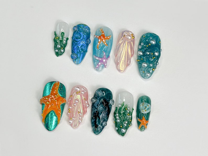 3D トロピカルビーチ ネイルチップ｜Ocean・Themed with Seaweed, Seashells, and スターfish｜ハンドメイド ネイルチップ｜JB316SL
