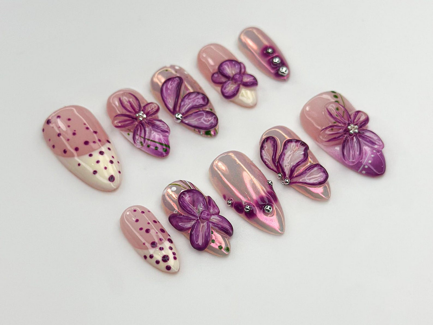 Glossy パープル フラワー ネイルチップ｜3Dフラワー クローム ネイル｜ハンドメイド ロング ネイル｜Sparkling Violet フラワー Tips｜上品 ネイルセット｜JC770HC