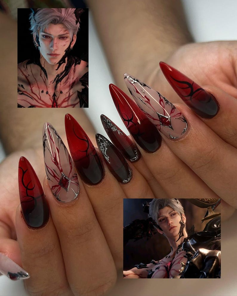 Sylus Love and Deepspace ネイルアート｜Vampire Romance Claws｜レッド Vein ゴシック Fantasy ネイル｜Sylus 風 ネイルアート｜JC820HC
