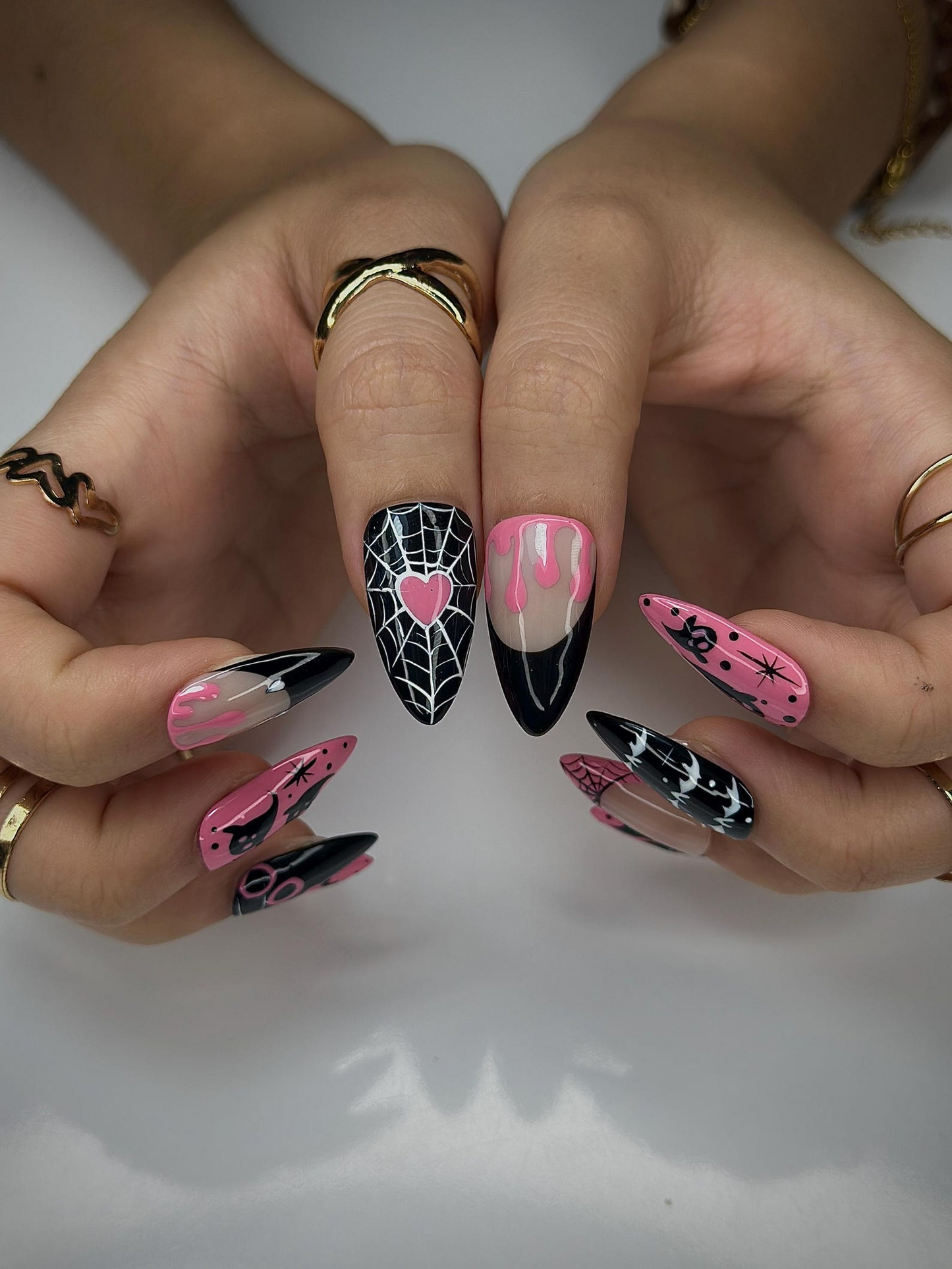 ピンク Spooky ゴースト ネイルチップ｜かわいい ハロウィン ネイルアート｜ブラック & ピンク スパイダーウェブ Nail｜ガーリー ゴシック ネイルチップ｜Creepy かわいい Nail｜JC144HC
