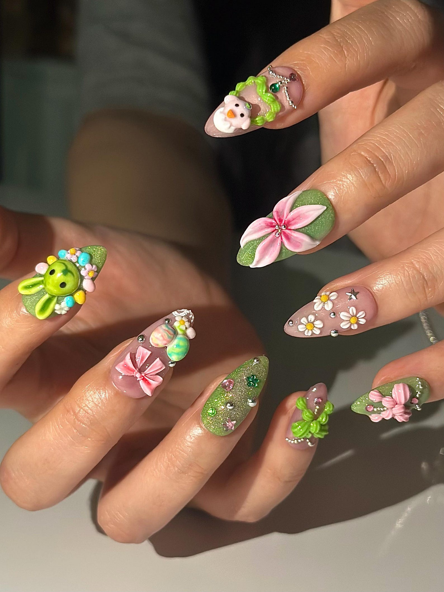 バニー Garden ネイルチップ｜3D Easter ラビット ネイル｜かわいい パステル フラワー ネイル｜Kawaii グリーン ピンク ネイル｜ハンドメイド ネイルチップ｜DB1031HC