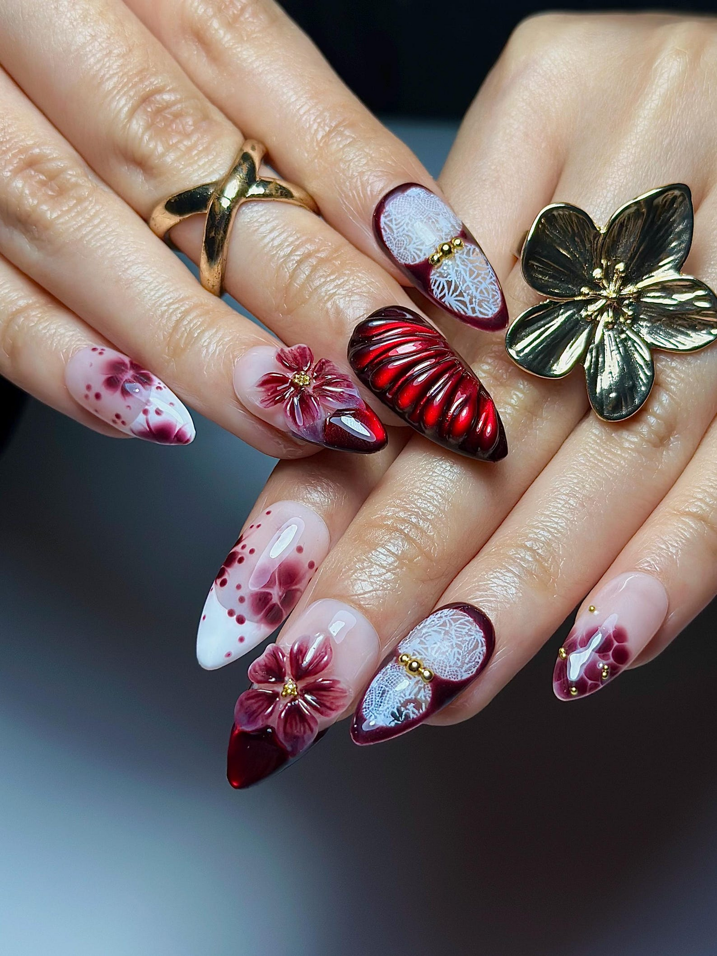 Burgundy レッド フラワー ネイルチップ｜3D Wine フラワー ネイル｜Dark ロマンティック ネイルアート｜上品 グラデーション ネイル｜上品 ネイルチップ｜JB324HK