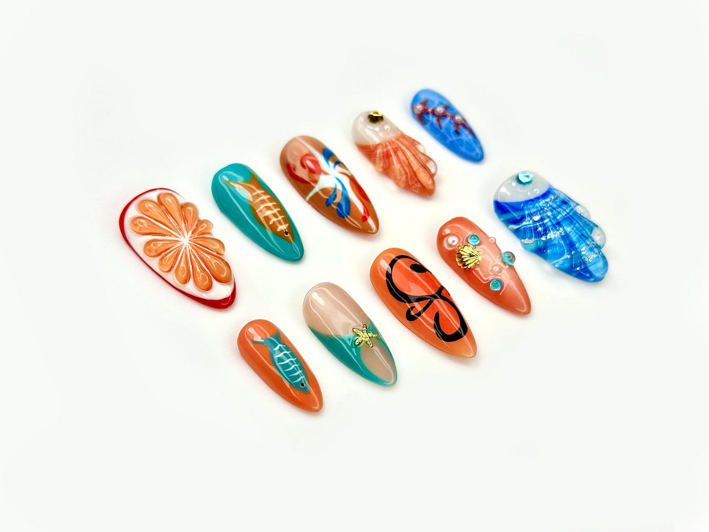Ocean Breeze 夏 ネイルチップ｜3D Seashell & スターfish Accents｜Citrus オレンジ Slice Art｜Underwater Marine Theme｜HB1041E