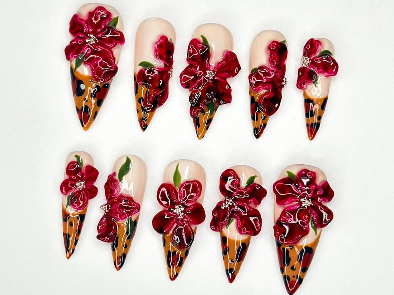 Tropical Orchid 秋 ネイルチップ｜ハンドメイド フラワー ネイルアート｜上品 フラワー ネイルチップ｜上品 Orchid Nail｜Leopard Print ネイル｜JB179HC