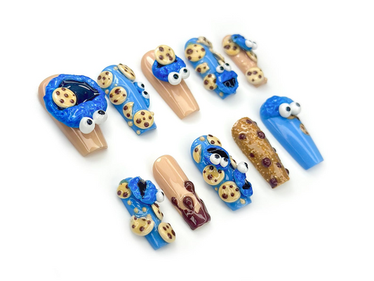 Cookie Monster ネイルチップ｜3D Cookie & Monster ネイルアート｜Funny ブルー Cartoon ネイルセット｜ハンドメイド Pop Culture ネイル｜HB1048EC