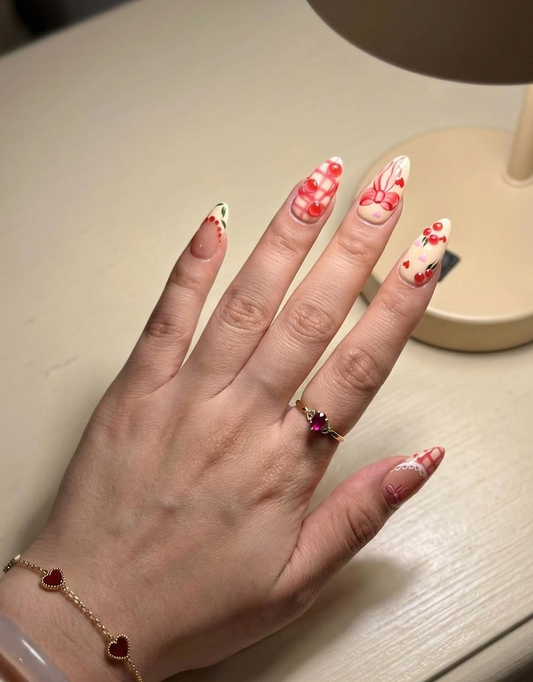 ネイルチップ Adhesive Tabs – チェリー ハート & ピンク Ribbon ヌーディー ネイルチップ, ハンドメイド バレンタイン ネイルチップ Sweet ロマンティック ネイルアート