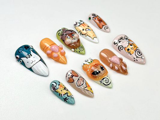 遊び心のある Cartoon Kitty ネイルチップ｜3Dキャット Paw & Animal Faces｜かわいい Cartoon Pet ネイルチップ｜ハンドメイド Kawaii ネイルセット｜JB953H