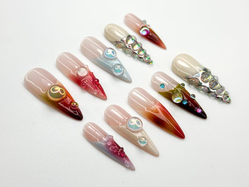 Iridescent グラデーション Bubble ネイルチップ｜Glassy クローム パール Accents｜Color Fade スティレット ネイル｜クローム Bubble ネイルアート｜JC785HC