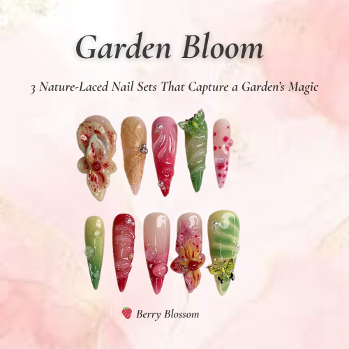 Garden Bloom Nail Bundle｜3 ナチュラル・風 Press On Sets｜Velvet, Berry, バタフライ Designs｜DB102L