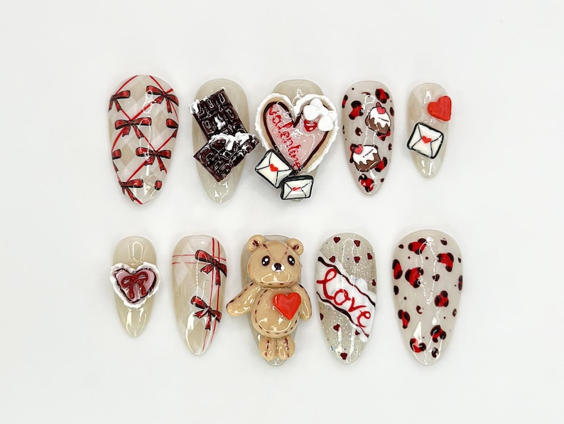 Sweet Love Letters Combo ネイルチップ 3D Teddy ハート Love Letter Design ハンドメイド バレンタイン ネイル｜DB14L
