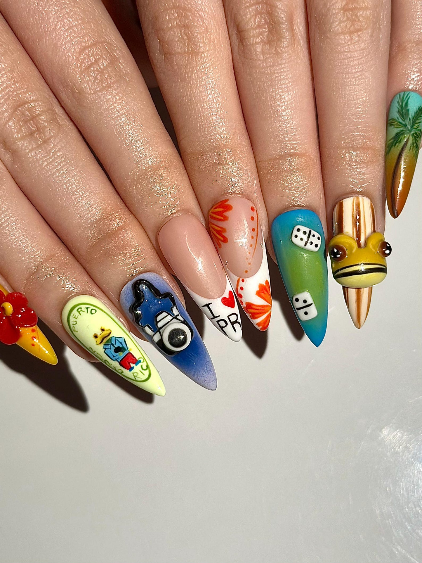 Tropical Vaキャットion ネイルチップ｜3D Beach Frog ネイル｜Puerto 夏 ネイルアート｜Colorful Travel ネイルチップ｜ハンドメイド ネイル｜JB315HC