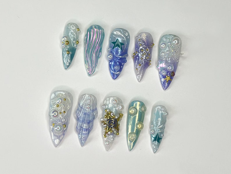 3D トロピカルビーチ ロング スティレット ネイル｜Ocean・Themed with Seaweed, Seashells, and スターfish｜ハンドメイド ネイルチップ｜JB328SL