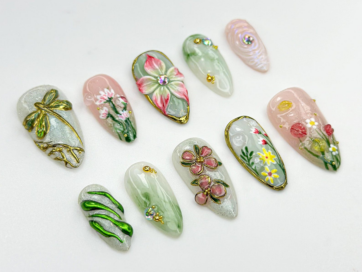 上品 フラワー Garden ネイルチップ｜3D Wildフラワー & Dragonfly ネイル｜ナチュラル・風 フラワー ネイルアート｜上品 春 ネイルチップ｜JC816HC