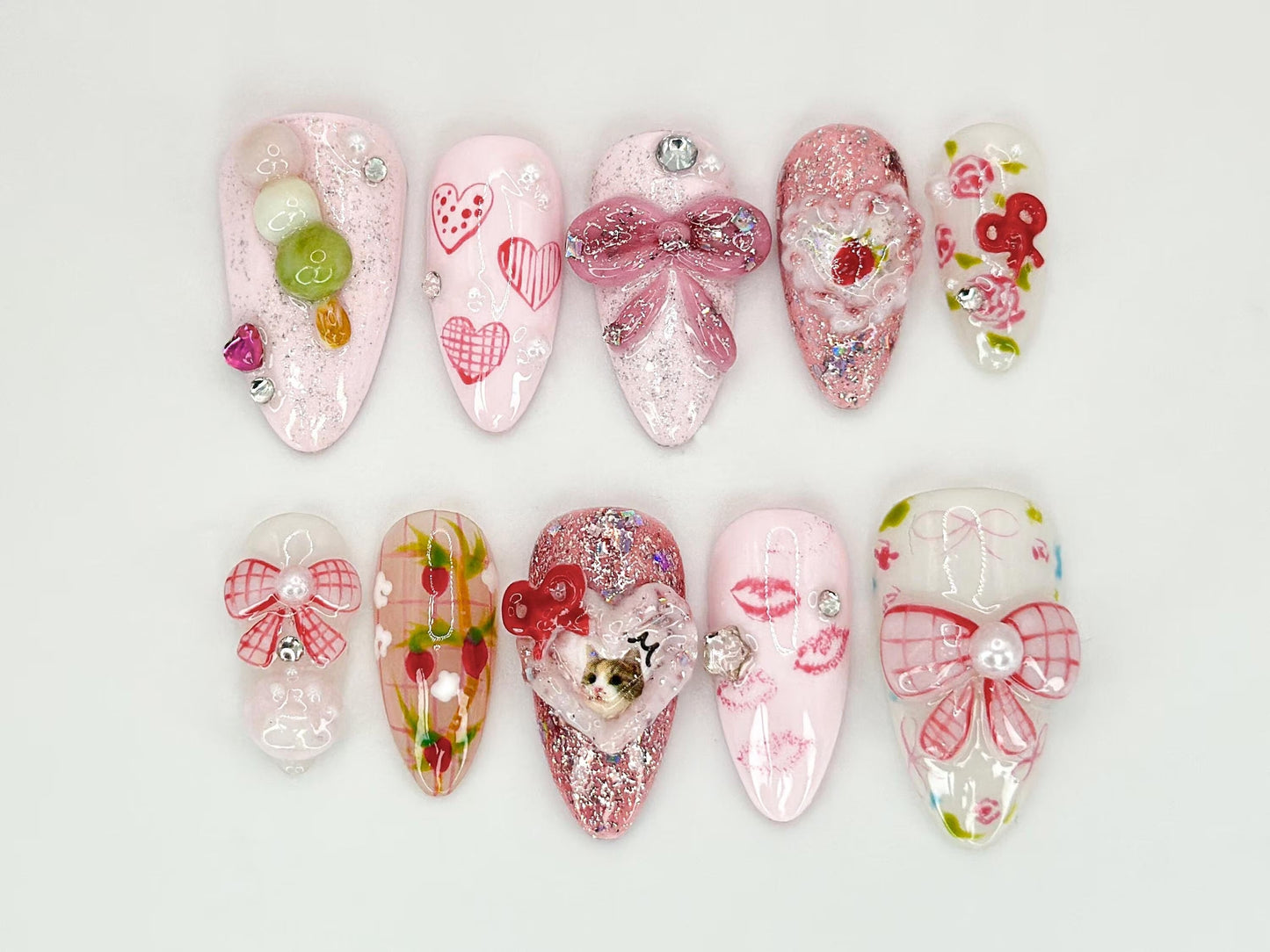 ピンク リボン Romance ネイルチップ｜キャット, ハート & Ribbon Themed ネイルアート｜カスタム キャット Nail Designs｜かわいい and Sparkly Pet ネイルアート｜JC556HC