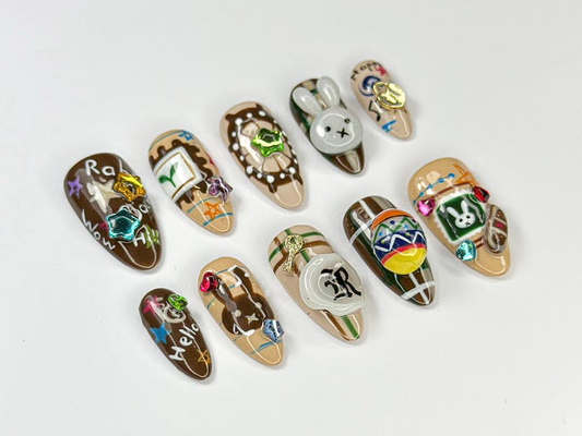 Easter Egg & バニー ネイルアート｜Cozy ブラウン バニー ネイルセット｜ハンドメイド バニー ネイルアート｜Fun Easter・Themed ネイル｜かわいい Nail Design｜JB702H