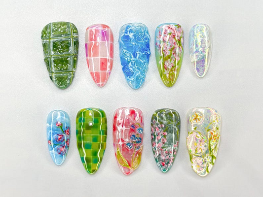 春 Garden フラワー ネイルチップ｜ナチュラル・Themed Press・On ネイルセット｜グリーン & フラワー ネイルセット｜上品 アーティスティック ネイルアート｜JB690HC