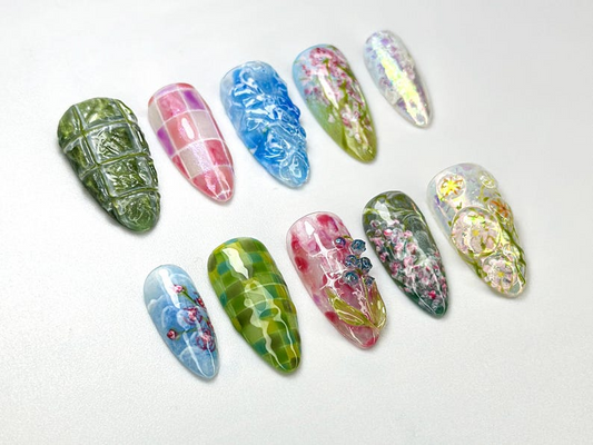 春 Garden フラワー ネイルチップ｜ナチュラル・Themed Press・On ネイルセット｜グリーン & フラワー ネイルセット｜上品 アーティスティック ネイルアート｜JB690HC