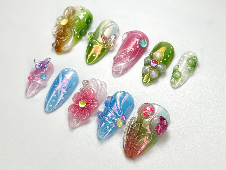 ドリーミー パステル フラワー ネイルチップ｜ハンドメイド ナチュラル ネイルセット｜ロマンティック Garden ネイルアート｜上品 Glass Effect｜春・風｜JB694HC