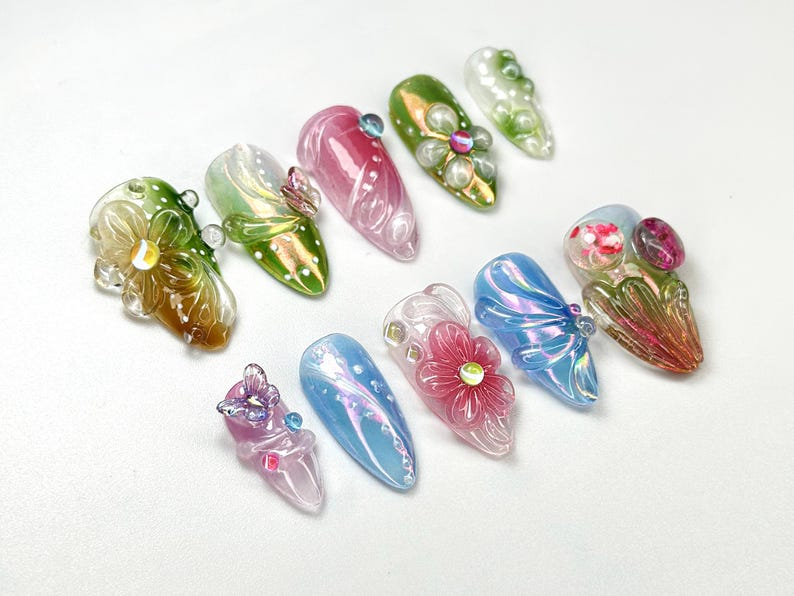 ドリーミー パステル フラワー ネイルチップ｜ハンドメイド ナチュラル ネイルセット｜ロマンティック Garden ネイルアート｜上品 Glass Effect｜春・風｜JB694HC