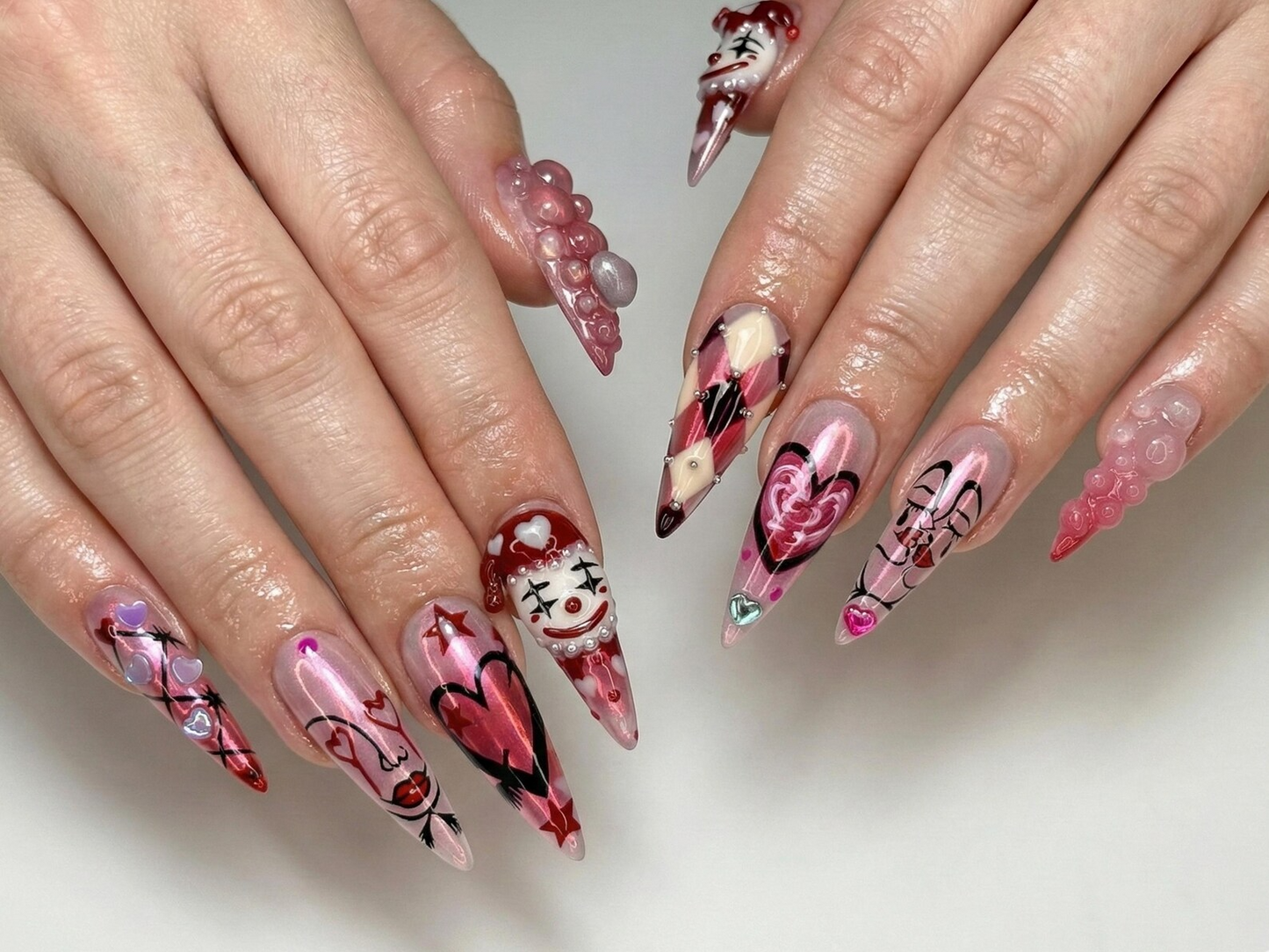 ゴシック バレンタイン クラウン ハート ネイルチップ for Dark Romance Girls, ハンドメイド ロング ピンク クローム ネイルチップ, Alternative Love Nail,JB278EC