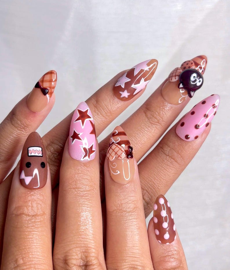 Chocolat ベア かわいい ネイルチップ｜Kawaii Cartoon & 3Dキャット ネイル｜ピンク ブラウン Retro ネイルアート｜ハンドメイド Fun ネイルチップ｜JB221EC