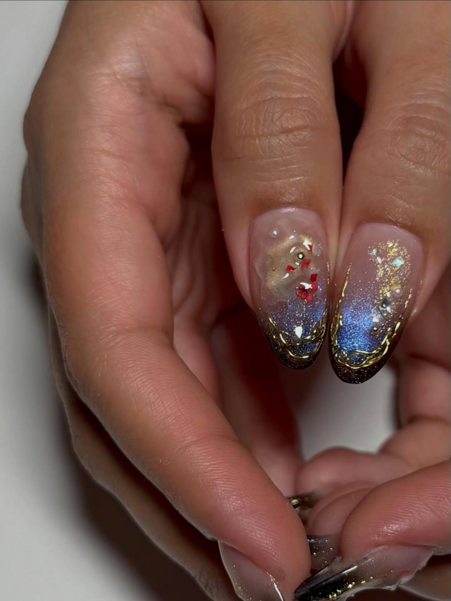 上品 Navy ゴールド ネイルチップ, Mystic Galaxy フラワー ネイル, Reusable スティレット Nail with ゴールド Filigree and Shimmering 夜空 Art, JB307HC