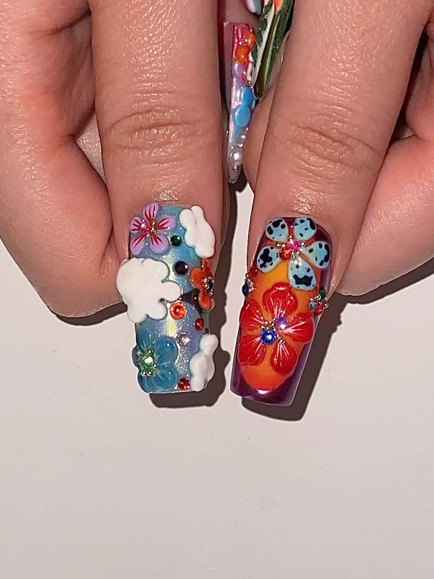 Midnight Sun ネイルチップ for Festival｜Colorful 3D フラワー ネイル｜Festival Nail｜Tropical 夏 上品 ネイル｜アーティスティック ネイル｜JA300HC
