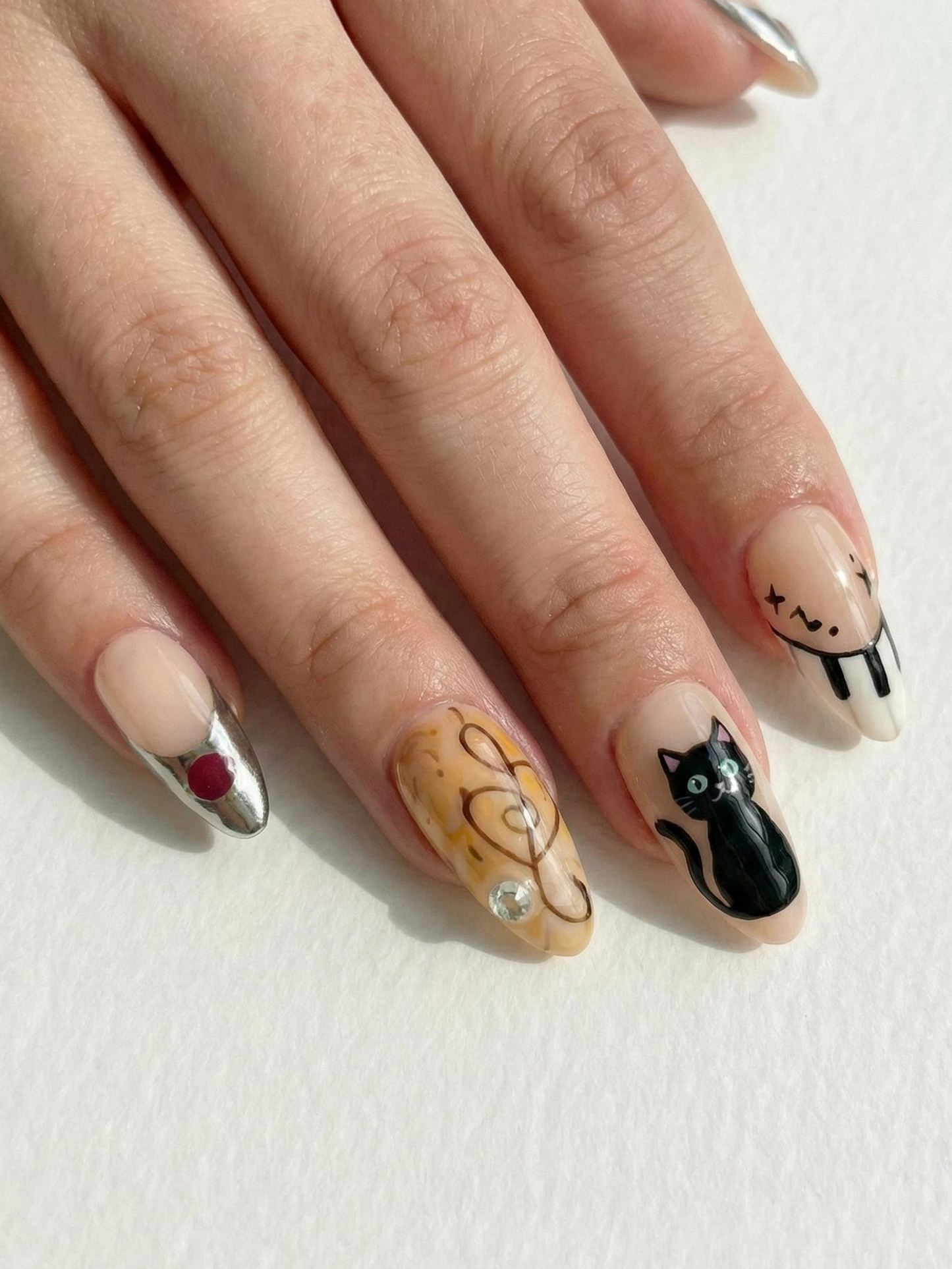 かわいい キャット & Music ネイルチップ for かわいい Girls｜ハンドメイド パステル Polka Dot ネイルチップ｜シルバー スター Art ネイルセット｜JB285E