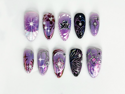 Galaxy グリッター パープル ネイルチップ｜Galaxy スター ネイルアート｜メタリック パープル ネイル｜上品 ネイルセット｜Holographic スター ネイル｜JB671HC