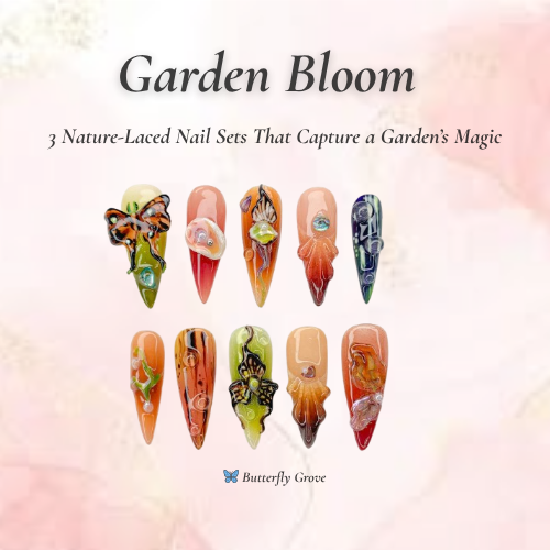Garden Bloom Nail Bundle｜3 ナチュラル・風 Press On Sets｜Velvet, Berry, バタフライ Designs｜DB102L