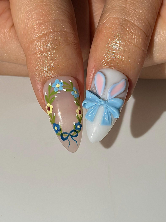Easter バニー ブルー ネイルチップ｜3D ラビット ネイルアート｜Delft ブルー フラワー ネイル｜かわいい 春 Easter ネイルセット｜ハンドメイド ネイルチップ｜HB1300HC