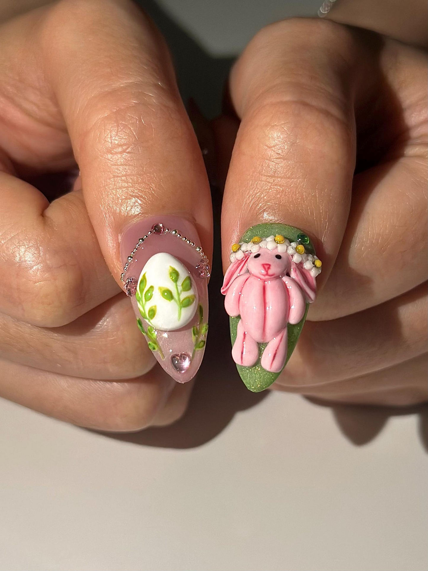 バニー Garden ネイルチップ｜3D Easter ラビット ネイル｜かわいい パステル フラワー ネイル｜Kawaii グリーン ピンク ネイル｜ハンドメイド ネイルチップ｜DB1031HC