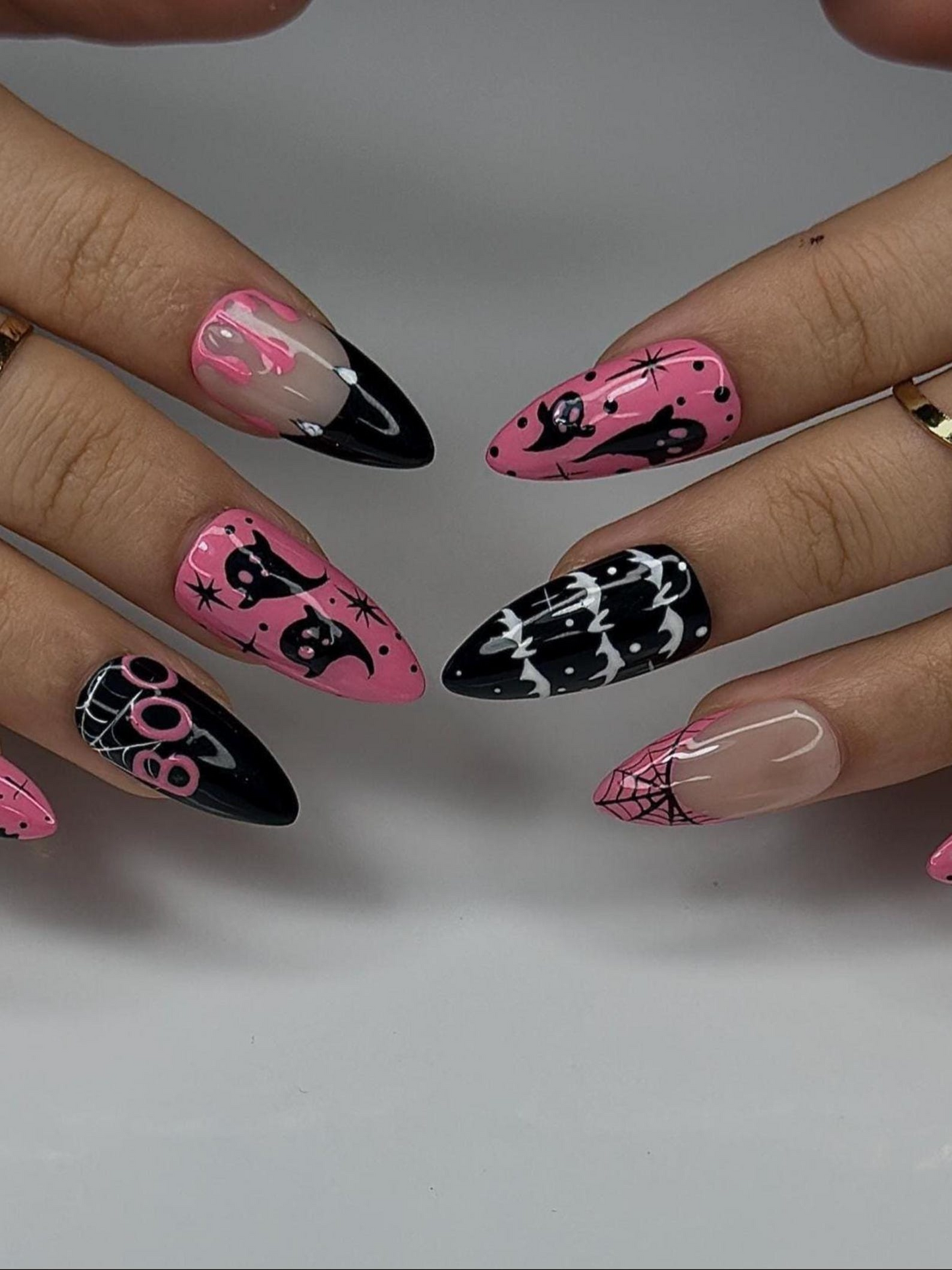 ピンク Spooky ゴースト ネイルチップ｜かわいい ハロウィン ネイルアート｜ブラック & ピンク スパイダーウェブ Nail｜ガーリー ゴシック ネイルチップ｜Creepy かわいい Nail｜JC144HC