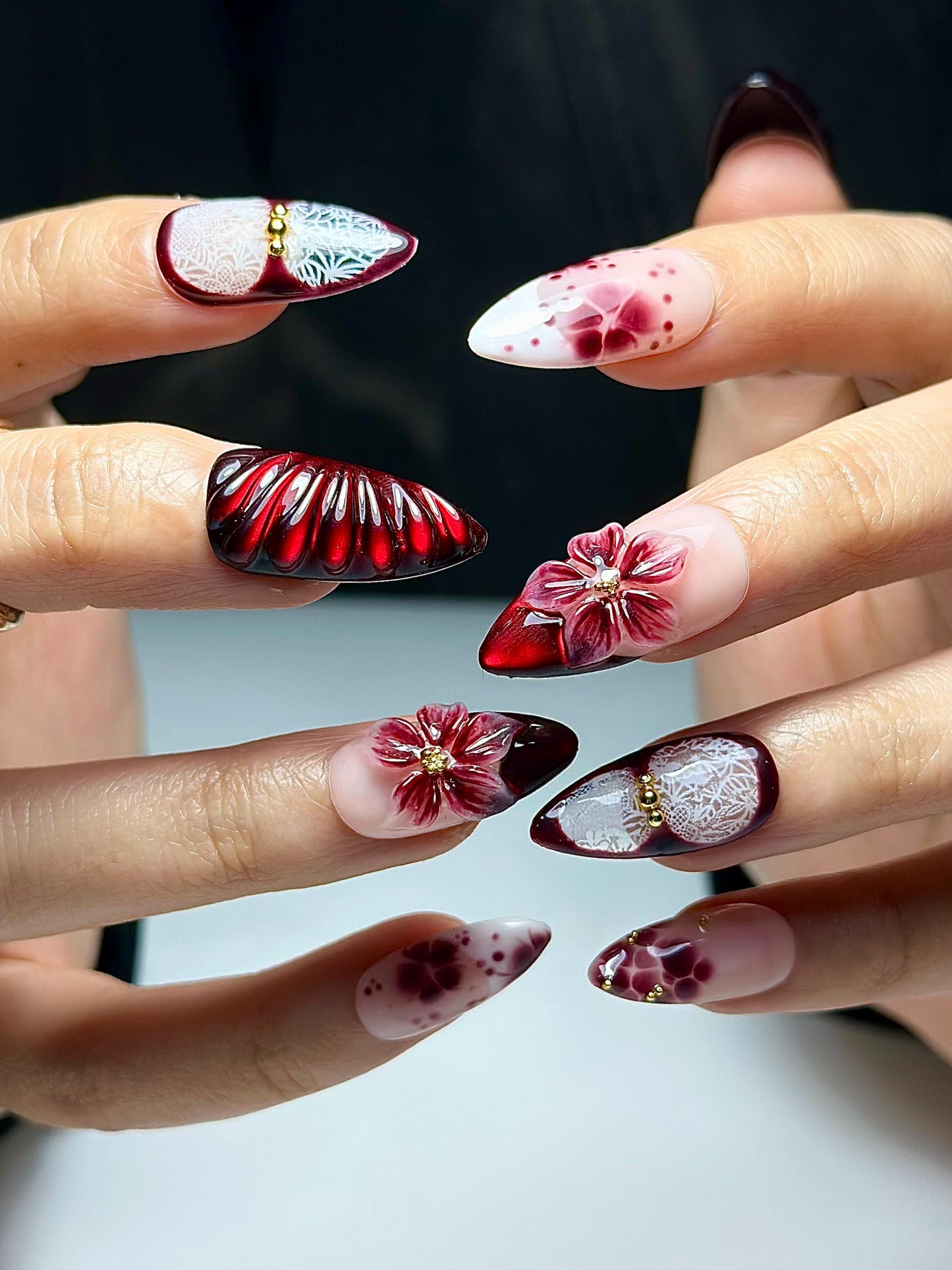 Burgundy レッド フラワー ネイルチップ｜3D Wine フラワー ネイル｜Dark ロマンティック ネイルアート｜上品 グラデーション ネイル｜上品 ネイルチップ｜JB324HK