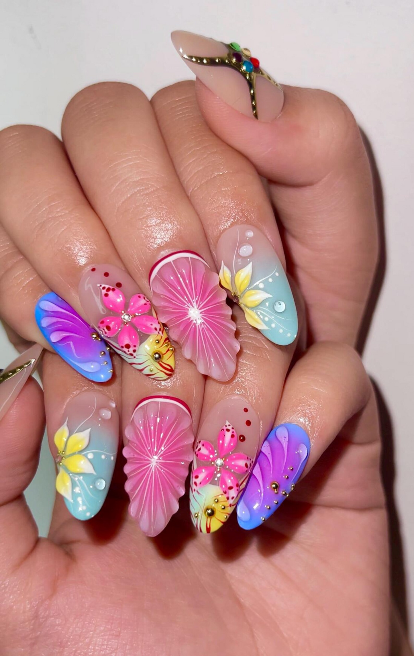 Tropical Bloom ネイルチップ｜3D フラワー 夏 ネイル｜Colorful Citrus Slice ネイル｜Hand Painted フラワー ネイル｜Vaキャットion ネイル｜JB319H