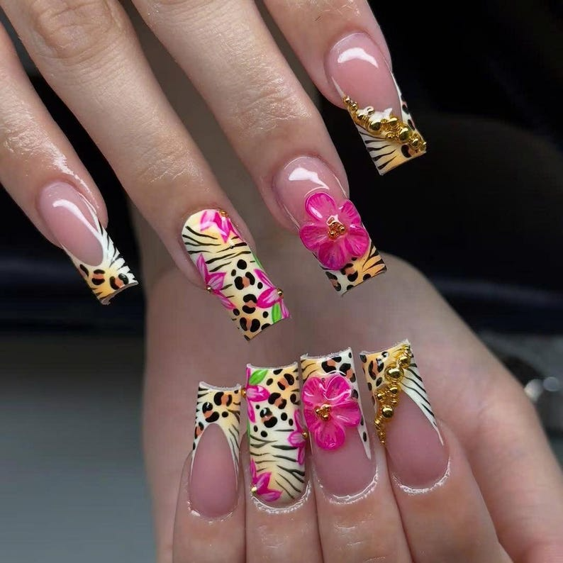Leopard フラワー ネイルチップ｜ピンク フラワー Cheetah フレンチチップ ネイルアート｜Safari ネイルチップ｜Animal Print ネイルチップ｜Wild Animal｜HB943YK