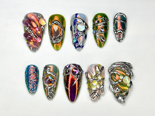 Edgy メタリック 3D ネイルチップ｜Holographic ビジュー Nail Design｜メタリック クローム ネイルセット｜クローム Press・On ネイルセット｜JB688H