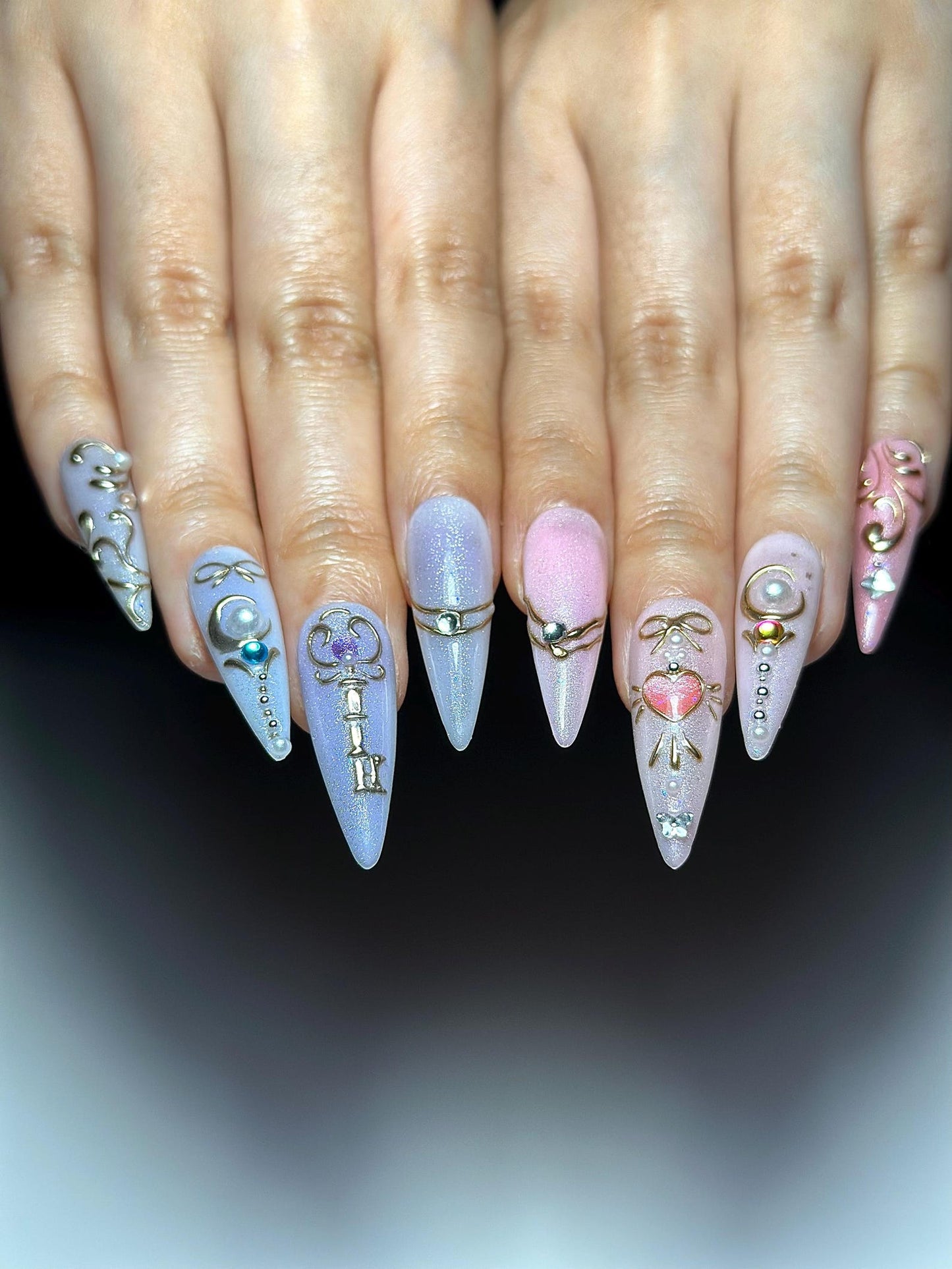 パステル キャットアイ ネイルチップ｜ピンク パープル オンブレ ネイル｜かわいい ハート リボン ネイルアート｜上品 ゴールド Detail ネイル｜Fairycore ネイルチップ｜HC1307HC
