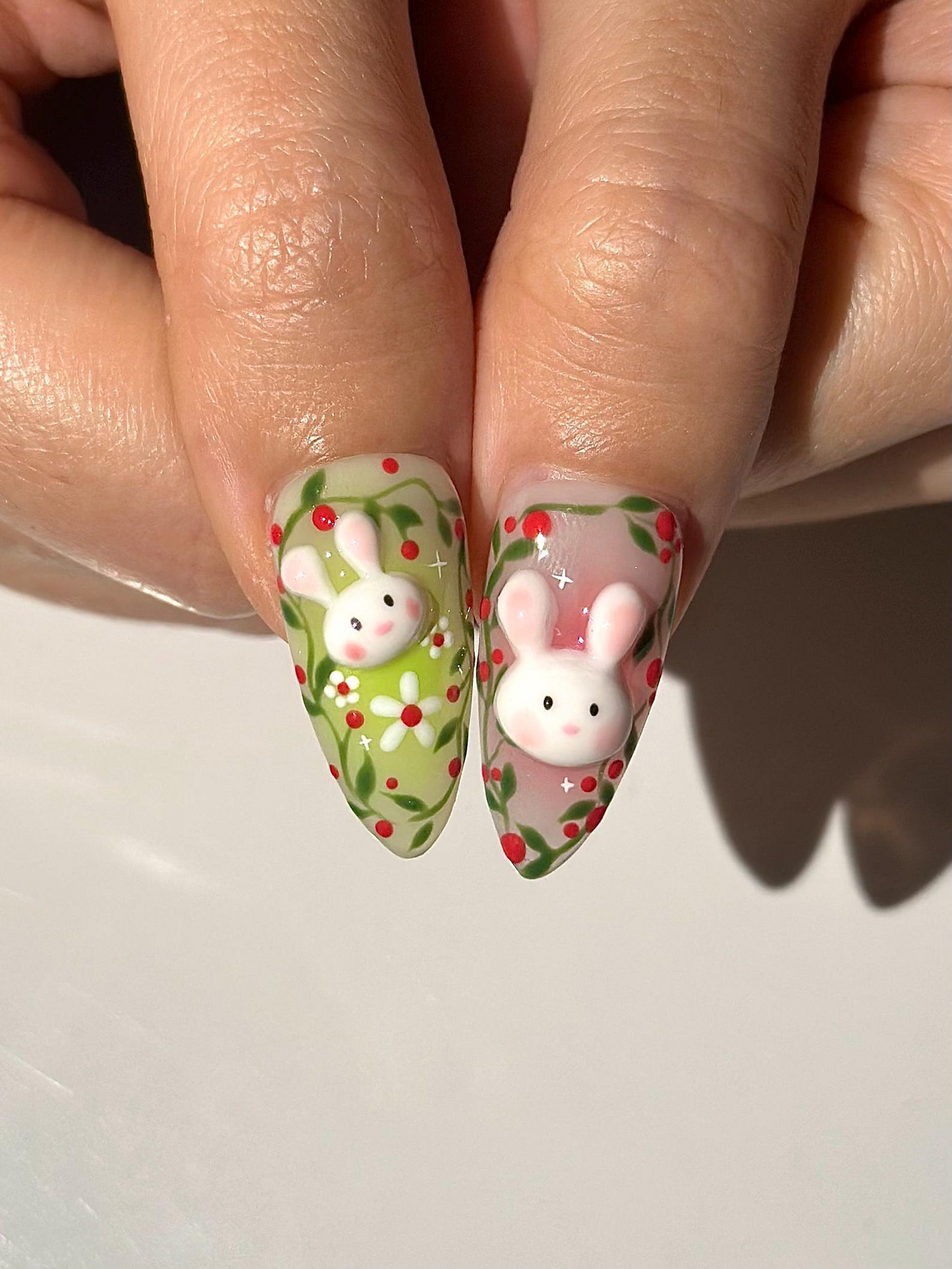 バニー Easter ネイルチップ｜3D かわいい ラビット ネイル｜春 パステル グリーン ピンク ネイル｜Kawaii Fruit ネイルアート｜ハンドメイド ネイルチップ｜HB1294HC