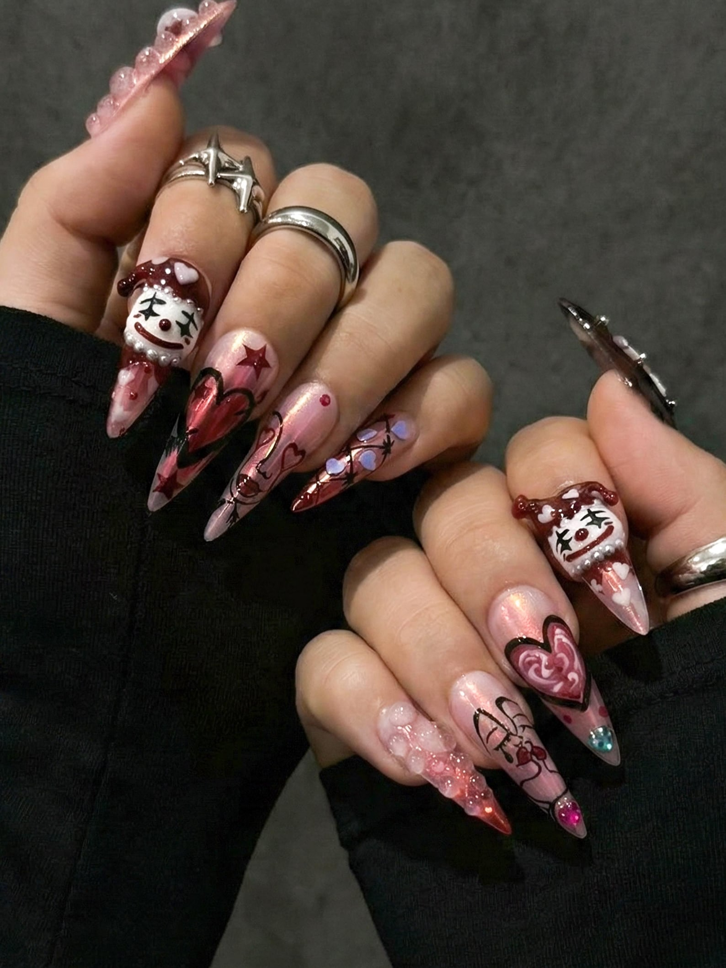 ゴシック バレンタイン クラウン ハート ネイルチップ for Dark Romance Girls, ハンドメイド ロング ピンク クローム ネイルチップ, Alternative Love Nail,JB278EC
