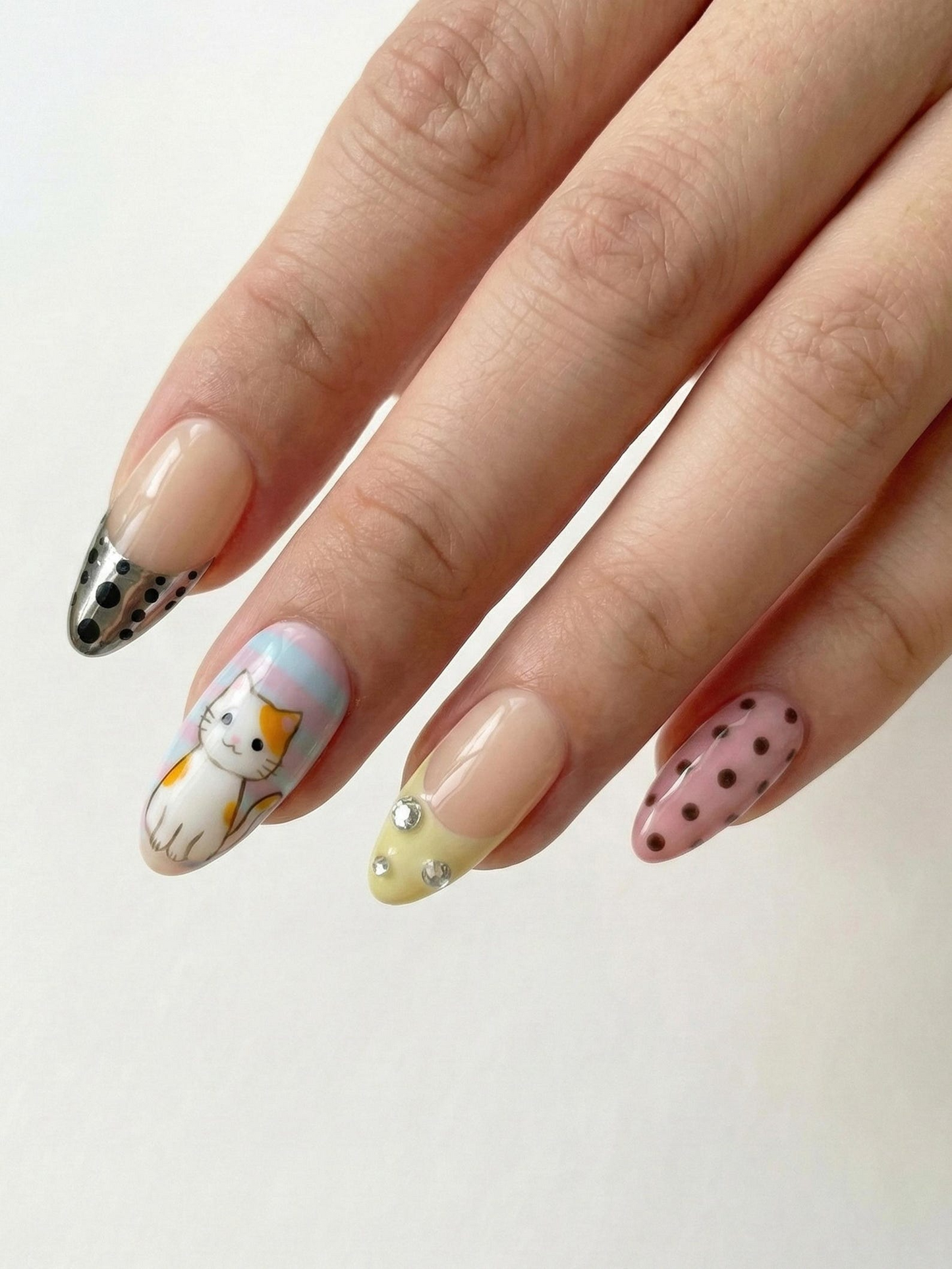 かわいい キャット & Music ネイルチップ for かわいい Girls｜ハンドメイド パステル Polka Dot ネイルチップ｜シルバー スター Art ネイルセット｜JB285E