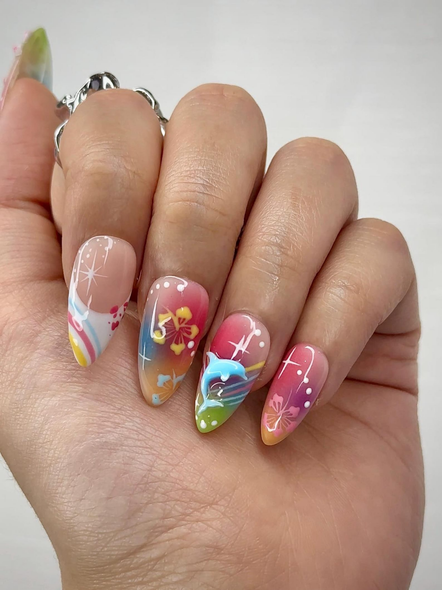 Midnight Sun ネイルチップ for Y2K Lovers｜Sunset オンブレ Rainリボン ネイル with 3Dフラワー Art｜90s Nail Design｜アーティスティック ネイルチップ｜JB290HC