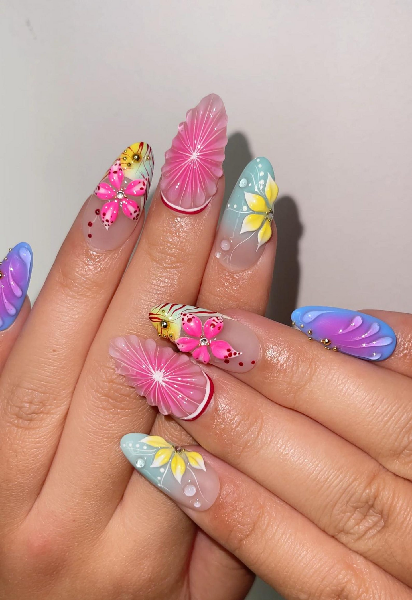 Tropical Bloom ネイルチップ｜3D フラワー 夏 ネイル｜Colorful Citrus Slice ネイル｜Hand Painted フラワー ネイル｜Vaキャットion ネイル｜JB319H