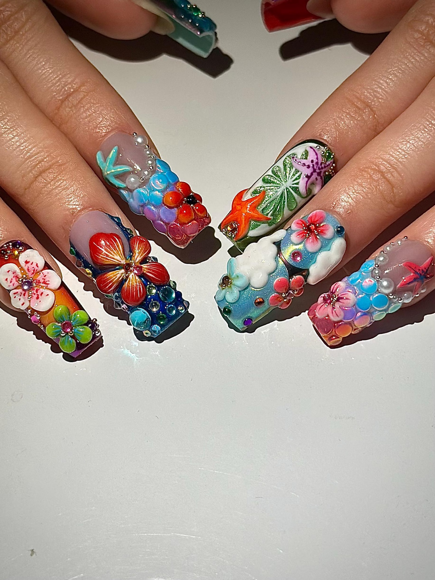 Midnight Sun ネイルチップ for Festival｜Colorful 3D フラワー ネイル｜Festival Nail｜Tropical 夏 上品 ネイル｜アーティスティック ネイル｜JA300HC