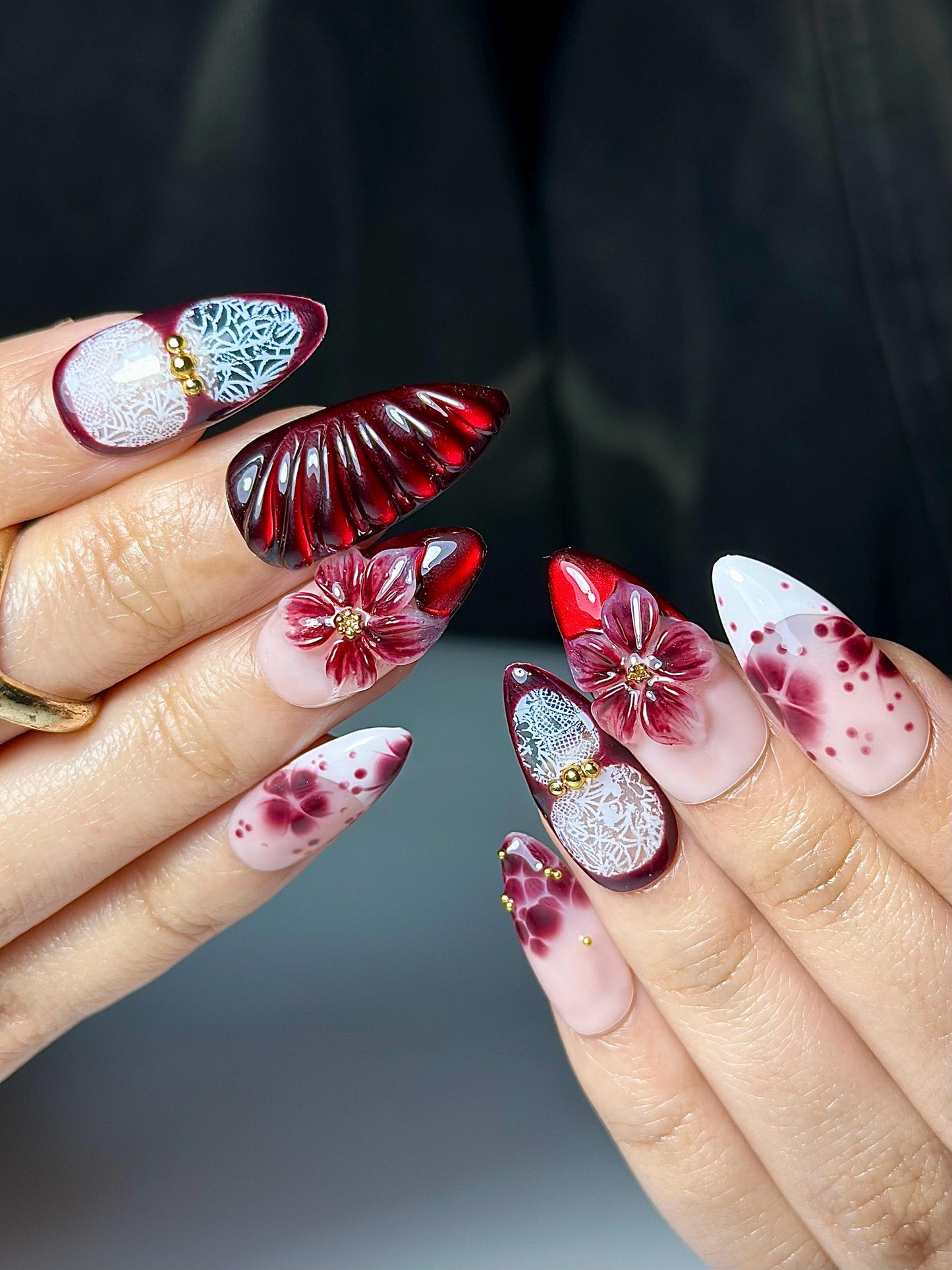 Burgundy レッド フラワー ネイルチップ｜3D Wine フラワー ネイル｜Dark ロマンティック ネイルアート｜上品 グラデーション ネイル｜上品 ネイルチップ｜JB324HK