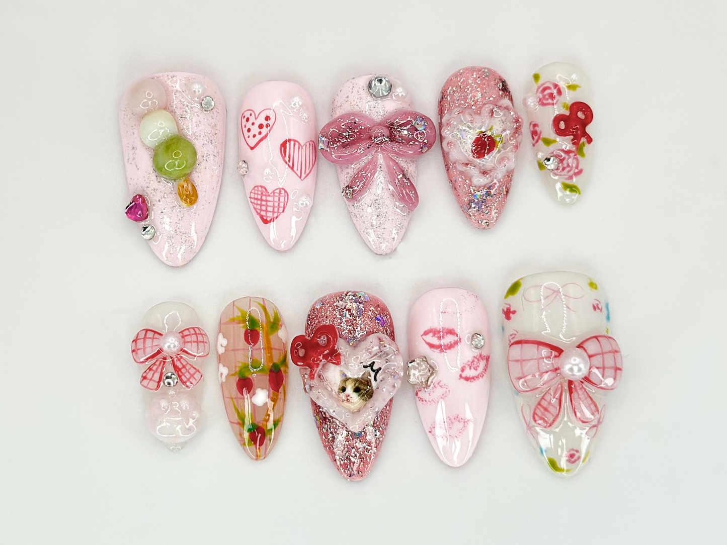 ピンク リボン Romance ネイルチップ｜キャット, ハート & Ribbon Themed ネイルアート｜カスタム キャット Nail Designs｜かわいい and Sparkly Pet ネイルアート｜JC556HC