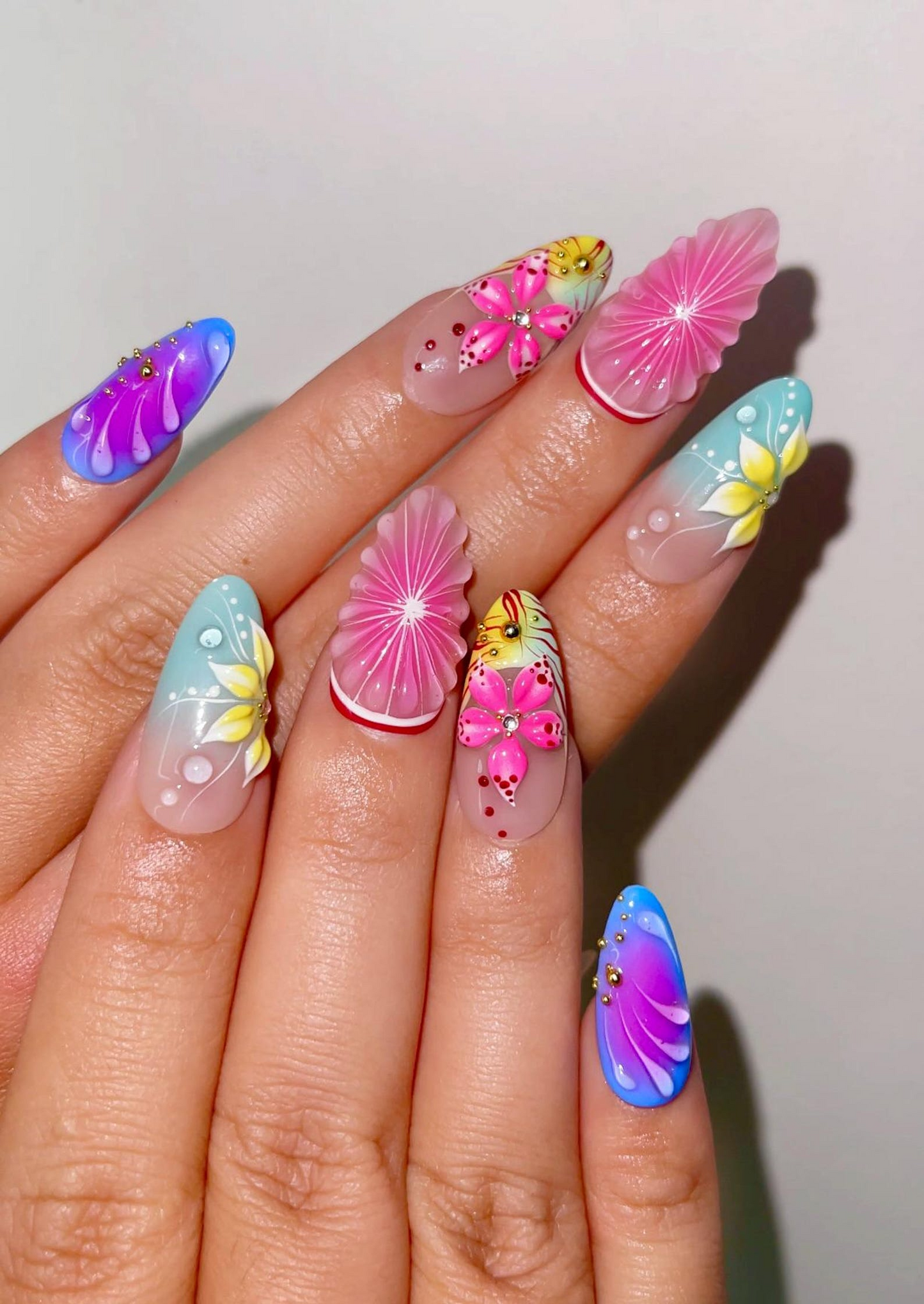 Tropical Bloom ネイルチップ｜3D フラワー 夏 ネイル｜Colorful Citrus Slice ネイル｜Hand Painted フラワー ネイル｜Vaキャットion ネイル｜JB319H