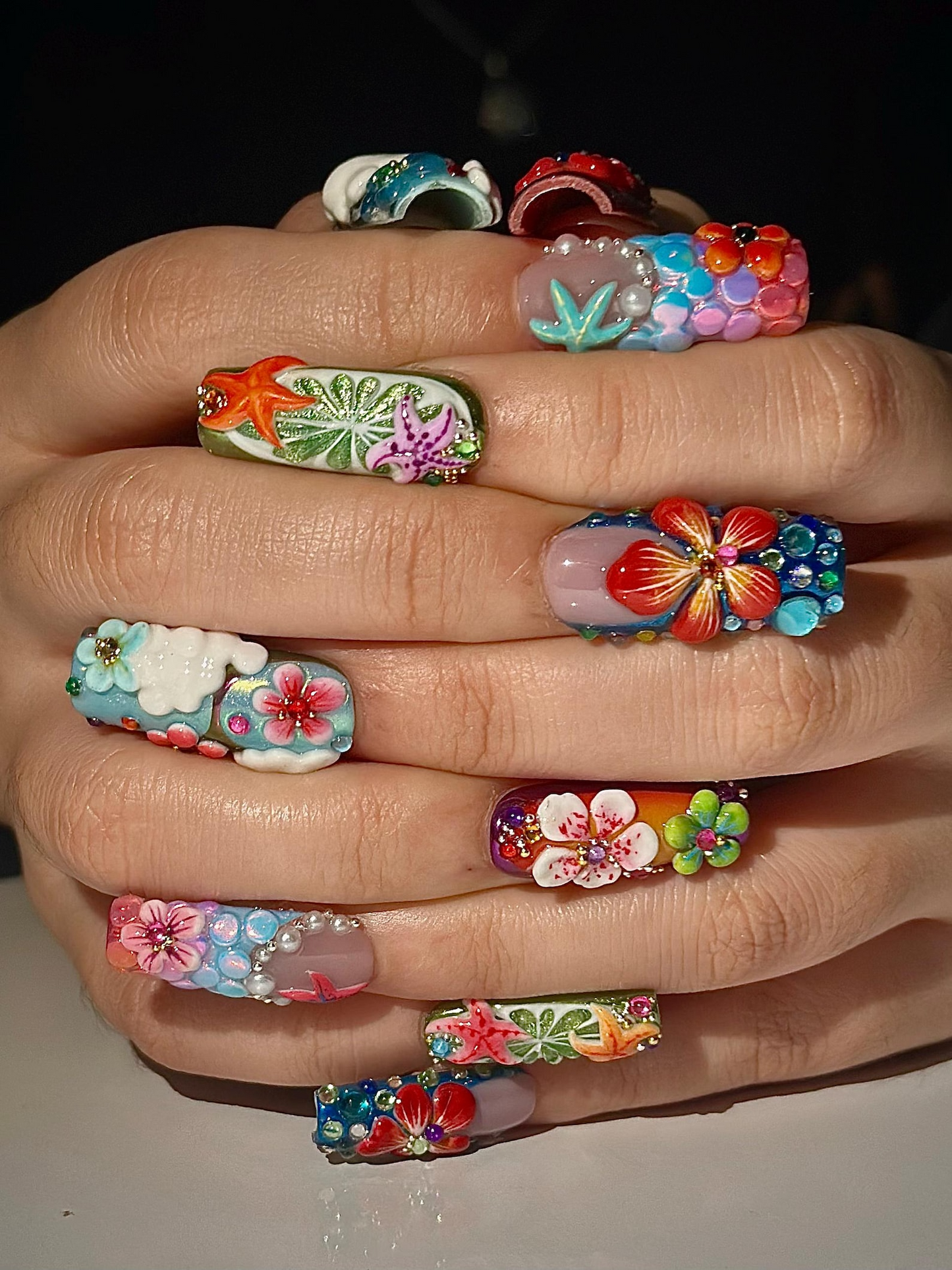 Midnight Sun ネイルチップ for Festival｜Colorful 3D フラワー ネイル｜Festival Nail｜Tropical 夏 上品 ネイル｜アーティスティック ネイル｜JA300HC